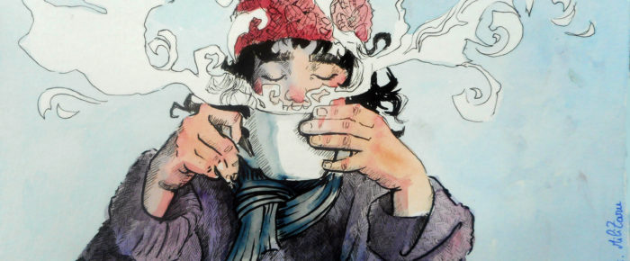 Un ceai cald intr-o zi rece – ilustratie in tus si acuarele