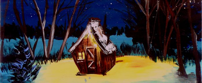 Cabana noaptea; cum pictezi un peisaj de iarna in acrilice