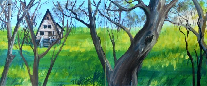Cum pictezi in acrilice un peisaj format panorama cu copaci si cabana
